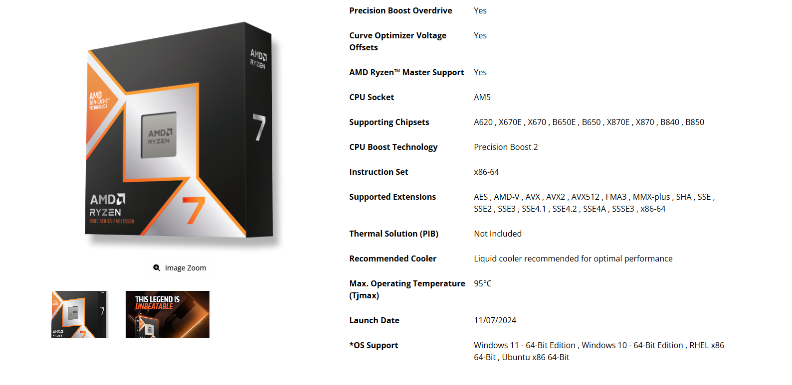 Finding supported chipsets by 9900X3D on the official product page