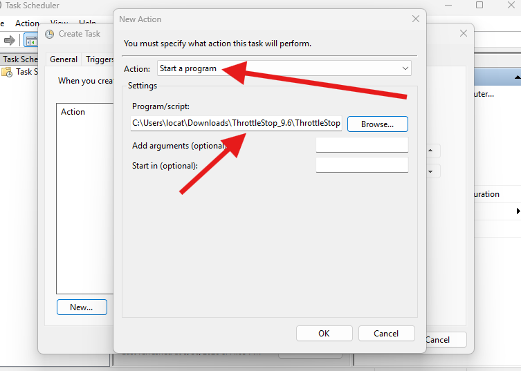 Add throttlestop.exe as action