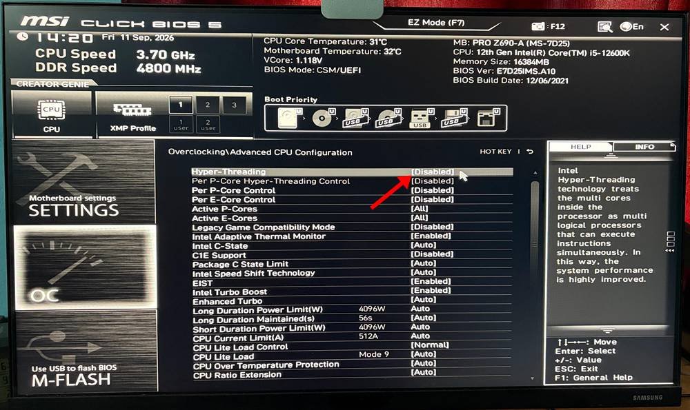 Turning off hyperthreading in BIOS