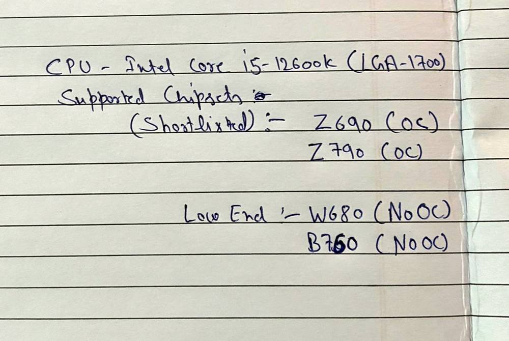 a handwritten list of shortlisted chipsets for the CPU