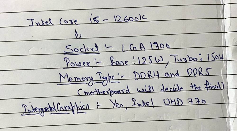 a handwritten list of key specifications of an Intel 12600K