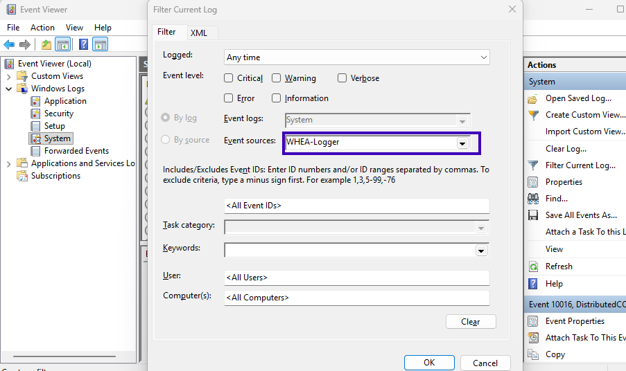 Choose filter by source: WHEA-Logger