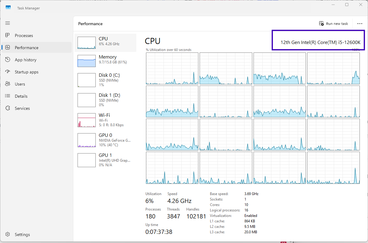 Check CPU model name from task manager