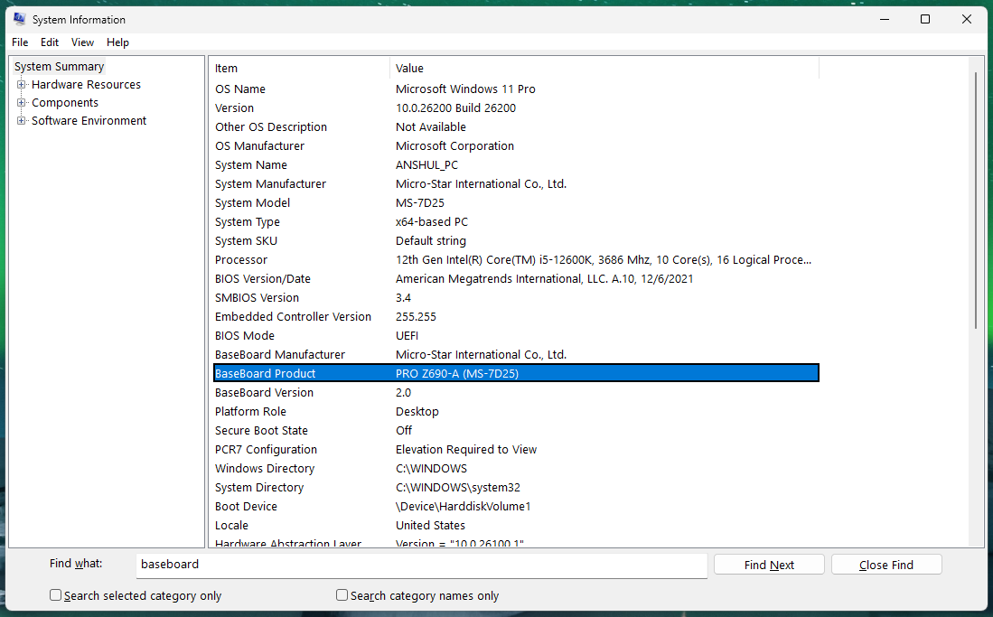 Baseboard product name written in System information menu in windows