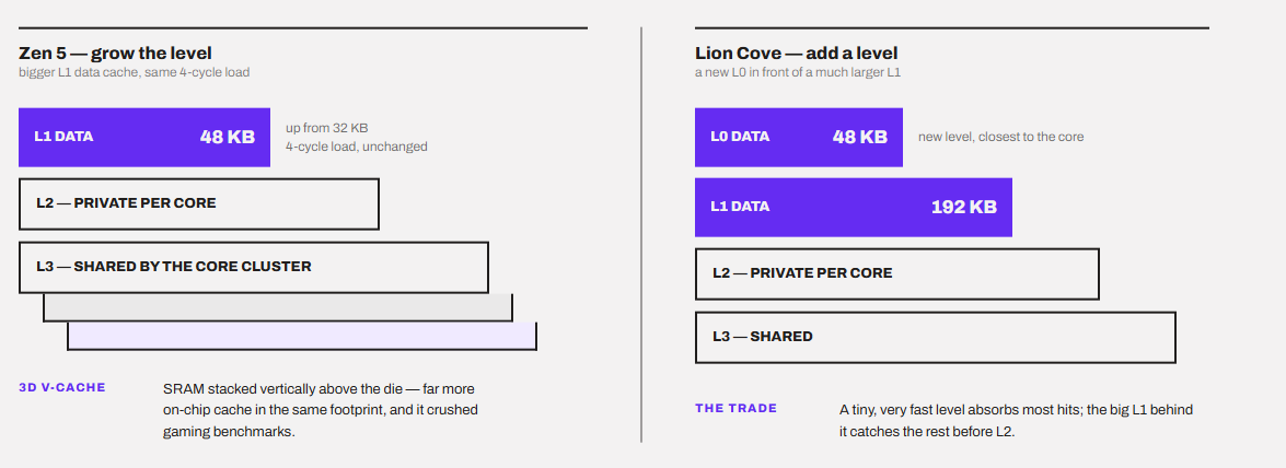 Cache design difference between Zen 5 and Lion Cove