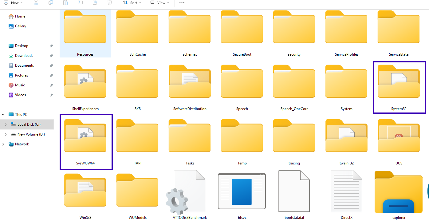 System32 and SysWOW64 folder in Windows folder in C drive