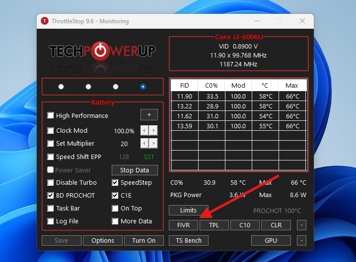 Click FIVR in ThrottleStop main menu