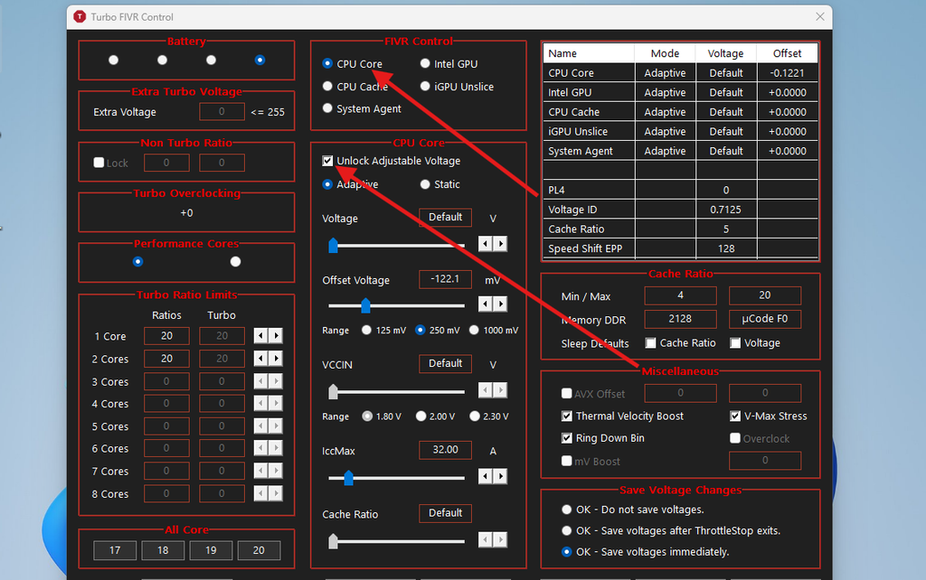 Check CPU Core and enable Unlock Adjustable Voltage