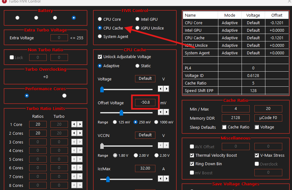 Reduce the CPU Cache offset voltage