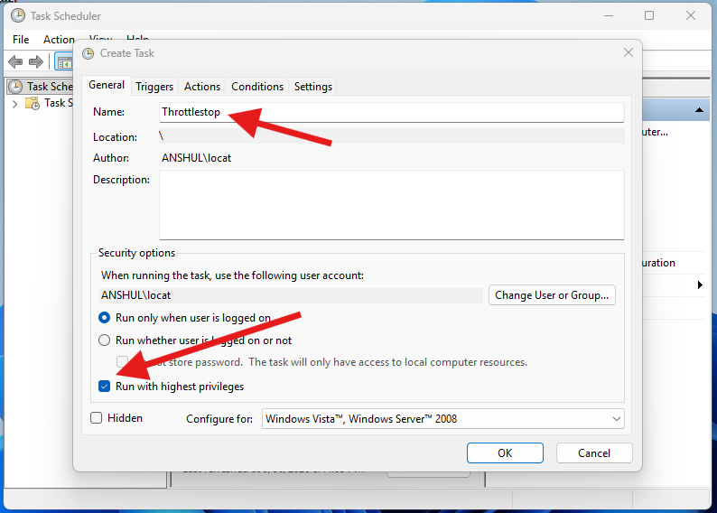 Give the task a name and check run with highest privileges