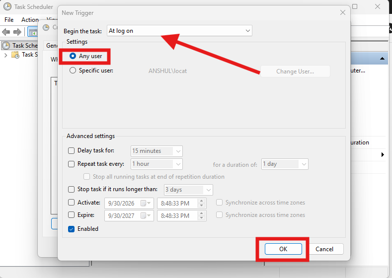 set at log on for any user and save
