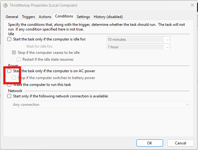 untick start the task only if the computer is on AC power and batter power