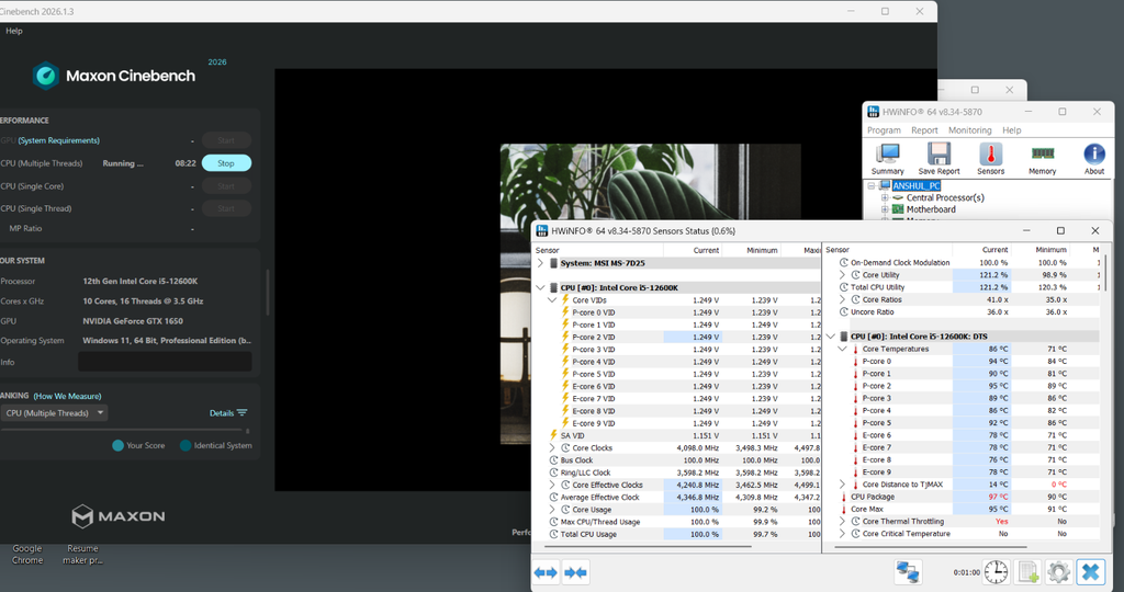 Cinebench multi core with HWiNFO open