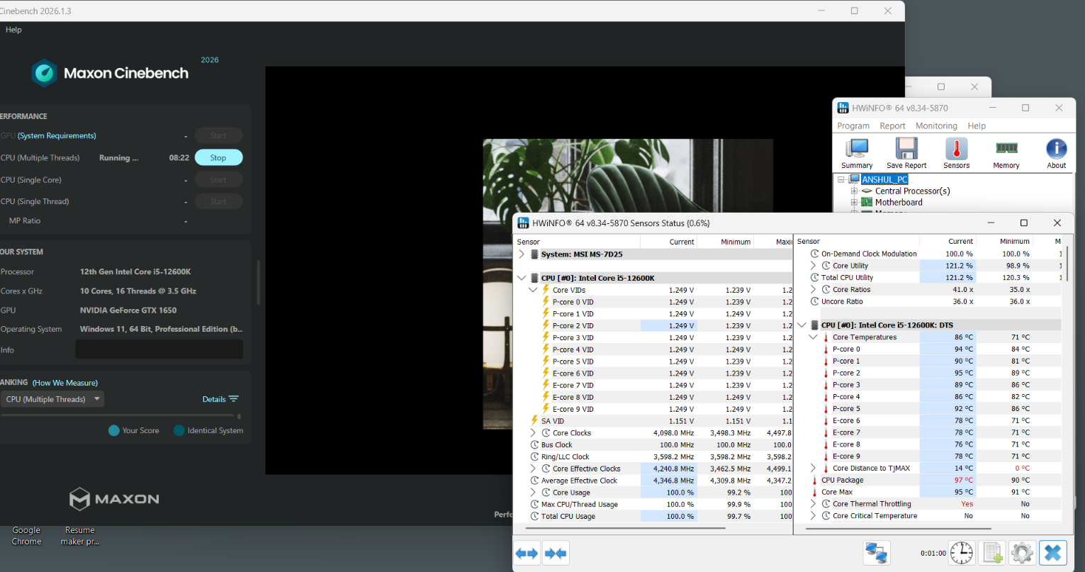 Cinebench R23 running with HWiNFO besides