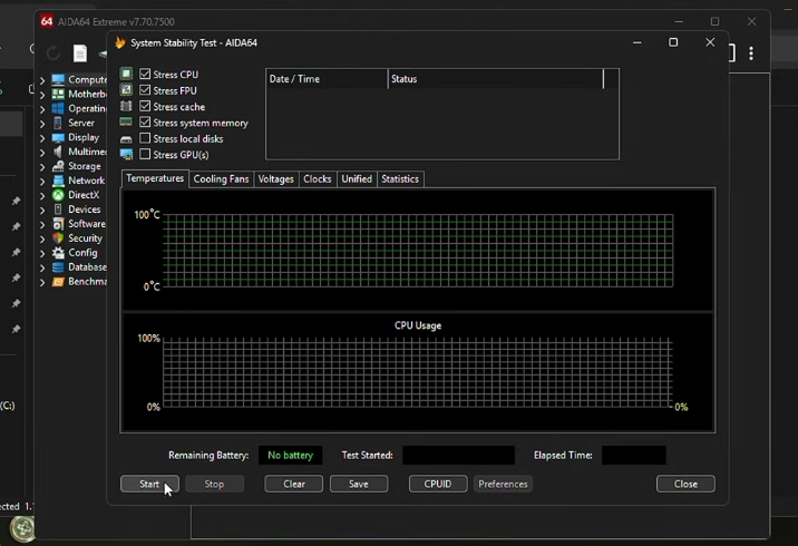 Stress test in AIDA64 Extreme