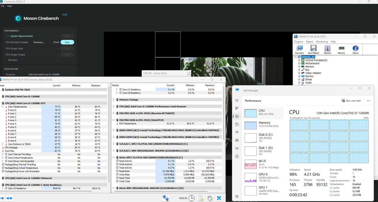 Cinebench with HWiNFO and task manager running