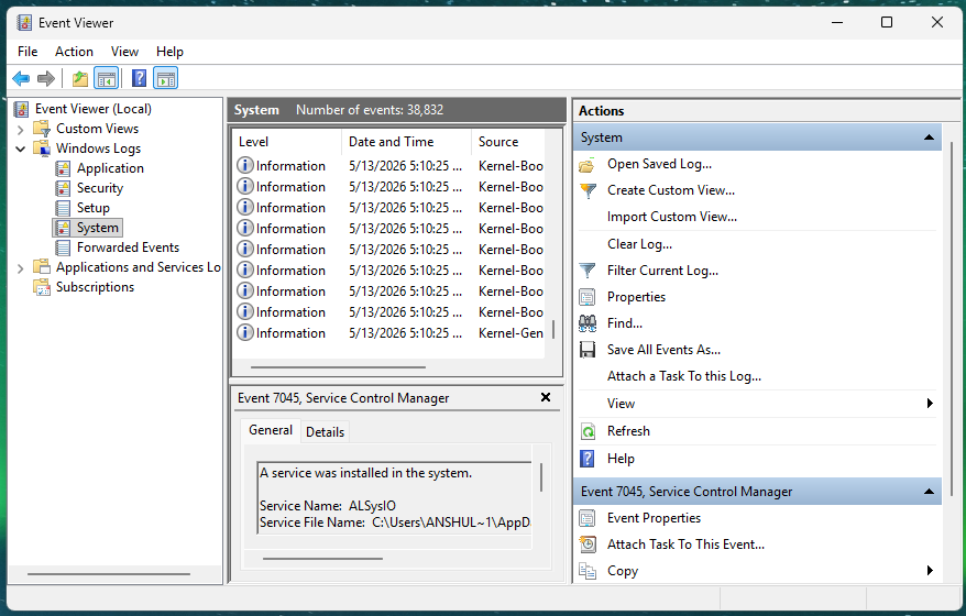 Windows Event viewer (screenshot)