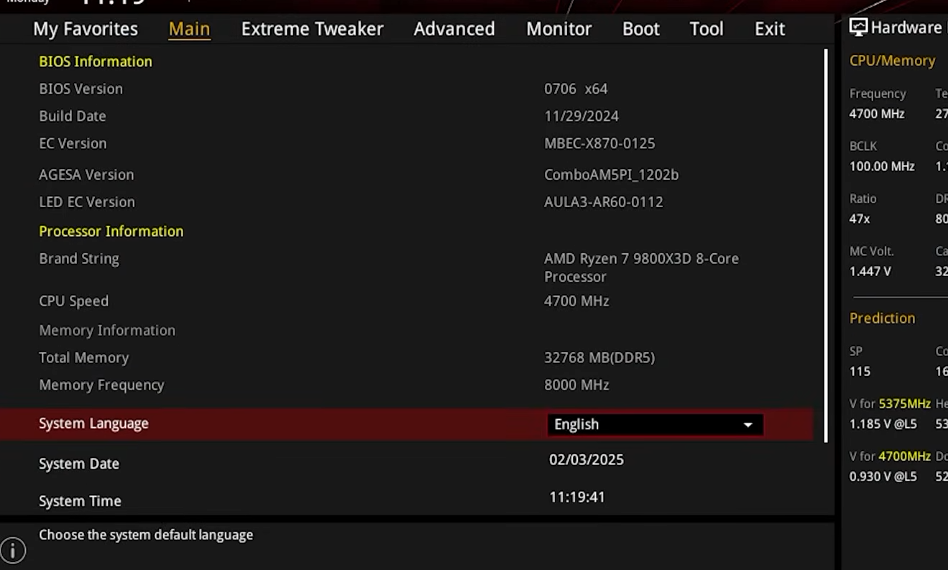 BIOS main menu