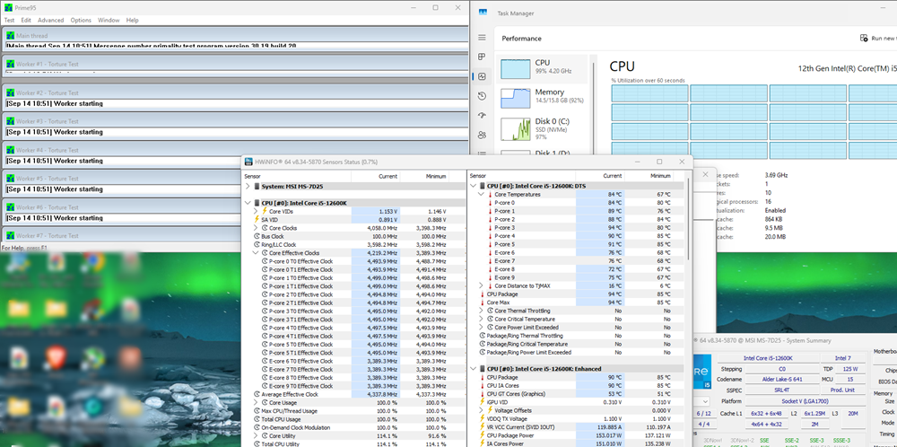 Prime95 running with resource monitor and HWiNFO opened