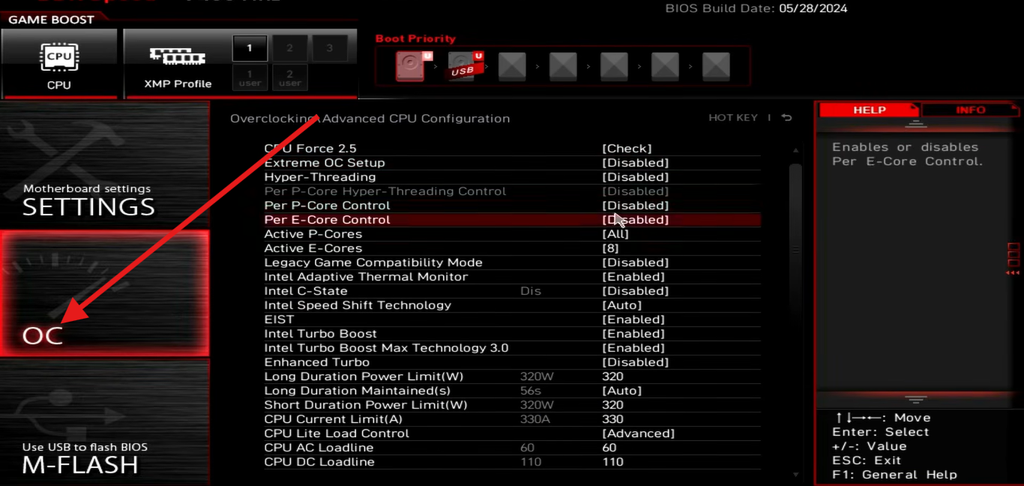 Click OC menu in MSI UEFI
