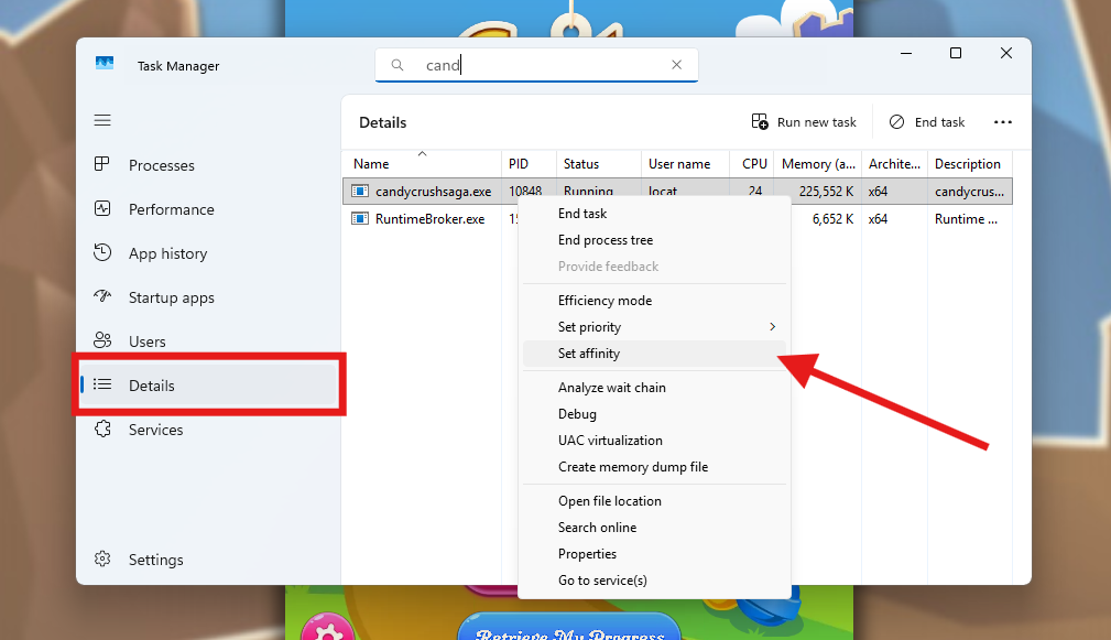 Find your game's .exe process, right click, and click Set affinity