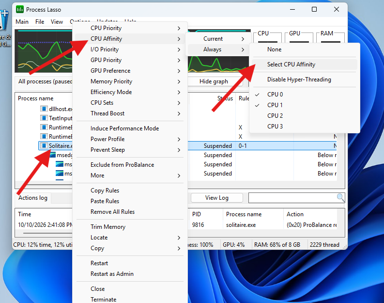 Right click game (.exe), hover over to CPU affinity, hover over to Always, and click Select CPU Affinity