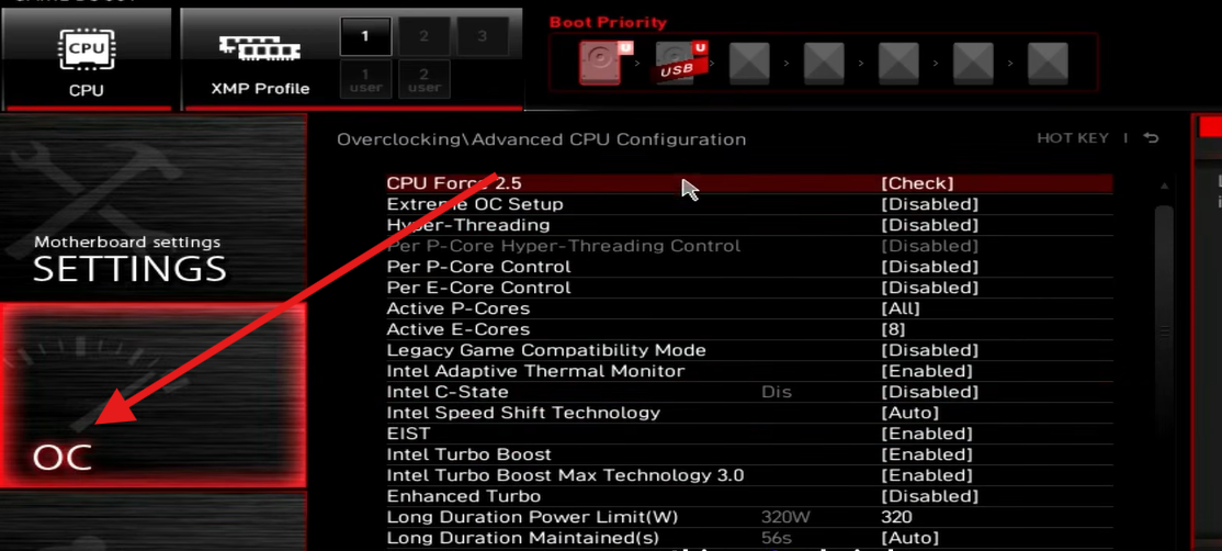 Click OC tab in UEFI